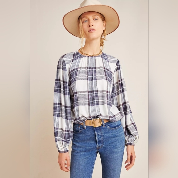 Anthropologie Cloth & Stone Glacier Plaid Blouse - Picture 1 of 8